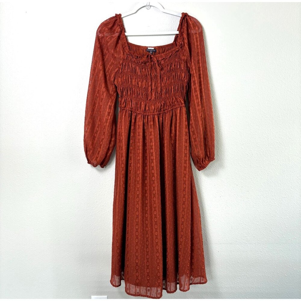 Skies Are Blue Smocked Midi Dress Size M Rust‎ Orange Textured Long Sleeve Boho
